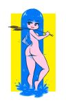  akairiot ass bangs blue_eyes blue_hair blunt_bangs breasts cattail contrapposto eyebrows_visible_through_hair from_behind full_body holding holding_plant kelda_(akairiot) liquid_hair long_hair looking_back nude open_mouth original over_shoulder plant smile solo very_long_hair water 