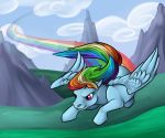  2014 amocin cloud digital_media_(artwork) equine eyelashes feathered_wings feathers female feral flying friendship_is_magic grass hair mammal multicolored_hair my_little_pony outside pegasus purple_eyes rainbow_dash_(mlp) rainbow_hair sky smile solo wings 