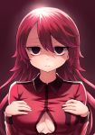  breasts cleavage commentary_request empty_eyes hands_on_own_chest highres large_breasts long_hair long_sleeves looking_at_viewer neit_ni_sei original partially_unbuttoned red_background red_eyes red_hair red_shirt shirt upper_body 