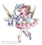  23/7 ;) ankle_socks blue_bow blue_eyes blue_footwear blush bow copyright_name dress flower frills full_body hand_on_own_cheek hand_up hat hat_bow hat_flower holding holding_weapon legs_apart lolita_fashion long_sleeves looking_at_viewer ne-on o-ring official_art one_eye_closed pantyhose pink_bow pink_hair polearm red_flower shoes short_hair simple_background smile spear standing sun_hat watermark weapon white_background white_legwear 