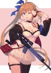  ahoge animal bag battle_rifle black_choker black_jacket black_legwear blue_eyes breasts brown_hair choker cleavage collarbone dress fal_(girls_frontline) feet_out_of_frame ferret fn_fal girls_frontline gun hair_ribbon handbag holding holding_gun holding_weapon jacket large_breasts long_hair one_eye_closed open_mouth peroncho ribbon rifle shiny shiny_hair shiny_skin short_dress simple_background solo standing thighhighs thighs tied_hair very_long_hair weapon white_dress 