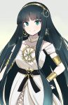  armlet bangs bracelet breasts choker cleopatra_(fate/grand_order) closed_mouth collarbone dark_green_hair dress earrings eyebrows_visible_through_hair fate/grand_order fate_(series) feet_out_of_frame green_eyes hairband hinomaru_(futagun) hoop_earrings jewelry long_dress long_hair looking_at_viewer necklace ring shiny shiny_hair simple_background sleeveless sleeveless_dress smile solo standing white_choker white_dress 