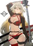  arm_behind_head bangs bikini black_bikini black_choker black_gloves black_jacket breasts choker cleavage commentary_request cropped_jacket eyebrows_visible_through_hair facing_viewer fate/grand_order fate_(series) gloves hair_between_eyes highres holding holding_sword holding_weapon jacket jeanne_d'arc_(alter_swimsuit_berserker) jeanne_d'arc_(fate)_(all) katana large_breasts long_hair looking_at_viewer midriff multiple_swords navel o-ring o-ring_bikini o-ring_bottom o-ring_top parted_lips red_legwear shrug_(clothing) single_thighhigh siqi_(miharuu) swimsuit sword thigh_strap thighhighs very_long_hair weapon white_hair yellow_eyes 