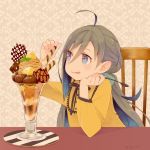  ahoge alternate_costume blue_hair chair chestnut colis commentary_request dessert dress food glass grey_eyes grey_hair hair_between_eyes holding holding_spoon ice_cream kantai_collection kiyoshimo_(kantai_collection) long_hair low_twintails mont_blanc_(food) multicolored_hair parfait solo spoon tongue tongue_out twintails twitter_username upper_body very_long_hair wafer_stick yellow_dress 