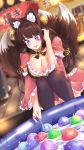  :d animal_ear_fluff animal_ears bell black_legwear blurry blurry_background blush breasts brown_hair cleavage detached_sleeves dutch_angle eyebrows_visible_through_hair festival fox_ears fox_tail futagi6789 gold_trim hair_bell hair_ornament hand_in_hair highres hook japanese_clothes jingle_bell kimono large_breasts open_mouth outdoors pink_kimono purple_eyes smile squatting summer_festival suzune_(teria_saga) tail teria_saga thighhighs wading_pool water water_balloon water_yoyo 