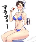 bikini blue_bikini blue_swimsuit blush breasts brown_eyes brown_hair bun_cover can chun-li commentary_request double_bun earrings eating food hips holding holding_can jewelry large_breasts navel pinky_out side-tie_bikini simple_background sitting solo street_fighter swimsuit text_focus ukimukai wet white_background 