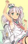  arm_up armpits bad_id bad_twitter_id bangs bare_shoulders blush closed_mouth commentary dress eyebrows_visible_through_hair flat_chest green_eyes hair_ribbon kantai_collection kawata_hisashi long_hair looking_at_viewer machinery maestrale_(kantai_collection) panties ribbon sailor_dress silver_hair sleeveless sleeveless_dress smile smokestack solo striped striped_panties symbol_commentary tan tanline thigh_strap turret underwear white_dress 