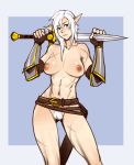  abs animated armor breasts elf female hair humanoid looking_at_viewer melee_weapon nipples not_furry pubes pussy scar solo sword weapon white_hair xizrax 