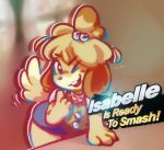  animal_crossing anthro buckteeth canine clothing dog female isabelle_(animal_crossing) leaning leaning_forward looking_at_viewer mammal nintendo one_eye_closed open_mouth panken shih_tzu skirt smile suggestive super_smash_bros table tailwag teeth text video_games wagging wink 