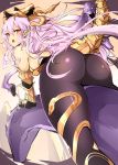  absurdres agetama ass bare_shoulders blush bodysuit breasts elbow_gloves fangs from_behind gloves granblue_fantasy hair_between_eyes headpiece highres lavender_hair long_hair looking_at_viewer looking_back medusa_(shingeki_no_bahamut) open_mouth pointy_ears red_eyes riding shingeki_no_bahamut sideboob slit_pupils snake solo tail very_long_hair 
