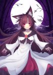  animal_ears bamboo breasts brooch brown_hair collarbone dress fang fingernails full_moon highres imaizumi_kagerou jewelry long_fingernails long_hair long_sleeves looking_at_viewer medium_breasts moon mountain nail_polish night outdoors red_eyes red_nails solo touhou wide_sleeves wolf_ears zeolch 