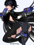  alternate_hair_length alternate_hairstyle amulet ankle_gun ass bayonetta bayonetta_(character) bayonetta_2 black_hair bodysuit cleavage_cutout d-ryuu earrings eyeshadow glasses gun handgun jewelry lipstick looking_at_viewer makeup mole mole_under_mouth quadruple_wielding simple_background solo weapon 