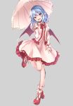  :d ankle_garter ascot bangs bat_wings blue_hair blush breasts center_frills commentary cross-laced_footwear dress eyebrows_visible_through_hair fang frilled_shirt_collar frills full_body grey_background hair_between_eyes hand_up head_tilt high_heels holding holding_umbrella juliet_sleeves junior27016 leg_up long_sleeves looking_at_viewer medium_breasts no_hat no_headwear open_mouth petticoat pink_umbrella pointy_ears puffy_sleeves pumps red_eyes red_neckwear remilia_scarlet short_hair simple_background sketch smile solo standing standing_on_one_leg touhou umbrella white_dress wings 
