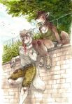  2018 4_toes 5_fingers anthro blood brown_eyes brown_fur brown_hair canine clothed clothing day detailed_background digitigrade dog female fuckie fur hair male mammal outside scratches toes traditional_media_(artwork) wolf 