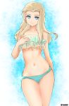  aqua_background aqua_bikini arm_behind_back bangs bikini blonde_hair blue_eyes clara_(girls_und_panzer) closed_mouth commentary_request cowboy_shot girls_und_panzer hand_on_own_chest layered_bikini long_hair looking_at_viewer navel parted_bangs skindentation smile solo sparkle standing swimsuit thigh_gap thighs umxzo 
