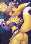  2018 balls black_nose blue_eyes breasts butt cheerleader clothing crossover cum digimon duo erection female fur hi_res lucario male male/female nintendo open_mouth orgasm penis pok&eacute;mon pok&eacute;mon_(species) renamon side_boob skirt tawni_tailwind tongue tongue_out video_games white_fur yellow_fur 