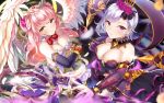  angel_wings athena_(teria_saga) bad_arm bare_shoulders bow breasts brown_eyes cleavage commentary_request double_bun flower hair_flower hair_ornament highres holding holding_staff large_breasts long_hair medium_breasts numaguro_(tomokun0808) pink_bow pink_hair purple_eyes short_hair silver_hair staff teria_saga wings 