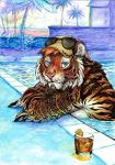  2018 anthro blue_eyes breasts day detailed_background feline female fuckie fur hat mammal outside pool_(disambiguation) smile solo striped_fur stripes tiger traditional_media_(artwork) water 