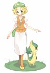  aiba_kou bag bel_(pokemon) blonde_hair breasts closed_mouth commentary_request dress full_body gen_5_pokemon green_hat handbag hat jacket medium_hair orange_jacket orange_legwear pantyhose pokemon pokemon_(creature) pokemon_(game) pokemon_bw smile snivy white_background white_dress 