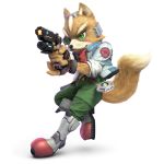  2018 3d_(artwork) 5_fingers alpha_channel anthro ascot brown_fur canine clothed clothing digital_media_(artwork) footwear fox fox_mccloud fur gloves green_eyes gun hi_res male mammal nintendo official_art pants portrait pose ranged_weapon shirt shoes simple_background solo star_fox super_smash_bros super_smash_bros._ultimate transparent_background unknown_artist video_games weapon white_fur 