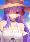  ;) bb_(fate)_(all) bb_(fate/extra_ccc) blush breasts choker cleavage closed_mouth collarbone day eyebrows_visible_through_hair fate/grand_order fate_(series) hair_ribbon hat highres large_breasts long_hair looking_at_viewer one_eye_closed outdoors purple_eyes purple_hair red_ribbon ribbon smile solo sun_hat zeolch 