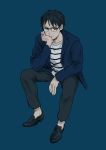  black_eyes black_footwear black_hair blazer blue-framed_eyewear blue_background brown_eyes chin_rest ganpiro glasses invisible_chair jacket jewelry katsuki_yuuri male_focus no_socks pants ring shirt shoes simple_background sitting striped striped_shirt yuri!!!_on_ice 