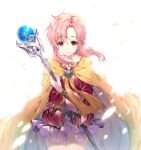  cape closed_mouth commentary_request cowboy_shot ethlin_(fire_emblem) fire_emblem fire_emblem:_seisen_no_keifu highres holding holding_staff long_hair long_sleeves miwabe_sakura petals pink_eyes pink_hair purple_skirt sidelocks simple_background skirt solo staff white_background 