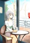  bangs blue_eyes casual chair closed_mouth coffee_cup commentary cup disposable_cup eyebrows_visible_through_hair girls_und_panzer highres holding holding_cup indoors itsumi_erika light_frown long_hair looking_to_the_side silver_hair sitting solo table tree umxzo window 