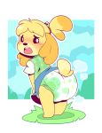  animal_crossing anthro blush canine clothing cuddlehooves diaper dog embarrassed female grass isabelle_(animal_crossing) looking_at_viewer mammal nintendo open_mouth skirt standing teeth video_games 