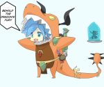  1girl absurdres animal_costume armor blue_eyes blue_hair candy commentary cosplay dragon dragon_horns dragon_tail drogoz english evie_(paladins) food frozen highres horns ice jewelry lollipop necklace paladins tail twintails varakaq 