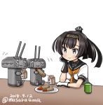  &gt;_&lt; 1girl :3 ahoge akizuki_(kantai_collection) bangs black_gloves black_sailor_collar brown_hair chou-10cm-hou-chan clothes_writing commentary_request dated drinking_straw eating expressive_clothes gloves grey_eyes hachimaki hair_intakes hair_ornament hairband hand_on_own_face headband kantai_collection looking_at_another masara_(masalucky2010) milk_carton neckerchief orange_neckwear plate ponytail puffy_short_sleeves puffy_sleeves sailor_collar school_uniform serafuku shell_casing shirt short_sleeves simple_background single_horizontal_stripe translated twitter_username upper_body white_background white_shirt 