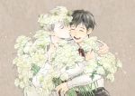  ^_^ black_hair brown_background cheek_kiss closed_eyes collared_shirt flower ganpiro hand_on_another's_shoulder head_wreath katsuki_yuuri kiss male_focus multiple_boys open_mouth shirt silver_hair smile viktor_nikiforov yaoi yuri!!!_on_ice 