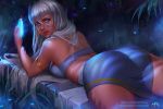 artist_name ass atlantis:_the_lost_empire bare_shoulders bikini_top blue_eyes bracelet breasts deviantart_username disney earrings facial_tattoo from_behind grey_hair highres jewelry kidagakash long_hair looking_at_viewer looking_back lying medium_breasts necklace night olga_narhova on_stomach patreon_username smile solo swimsuit tattoo 