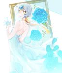  aqua_dress backless_dress backless_outfit blue_flower blue_rose canvas_(object) dress elsword eve_(elsword) facial_mark flower forehead_jewel gloves looking_back neck_ribbon ribbon ribbon_trim rose short_hair silver_hair veluga yellow_eyes 