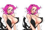 1girl bare_arms bare_shoulders barefoot blush breasts cleavage curvy feet hair_over_one_eye hairband huge_breasts kneeling large_breasts legs navel one_piece pink_hair short_hair simple_background smile solo tattoo thick_thighs thighs thong vinsmoke_reiju white_background 