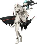  abyssal_patrolling_attack_hawk aqua_eyes barefoot bird_on_arm black_nails closed_mouth flat_chest flight_deck full_body german_escort_hime horn jacket kantai_collection long_hair nail_polish official_art oni_horn open_clothes open_jacket outstretched_arm shibafu_(glock23) shinkaisei-kan solo teeth toenail_polish transparent_background turret white_hair white_jacket white_skin 