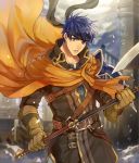  akke armor axe blue_eyes blue_hair cape cosplay fire_emblem fire_emblem:_souen_no_kiseki fire_emblem_heroes gloves greil greil_(cosplay) headband ike looking_at_viewer male_focus short_hair simple_background solo weapon 