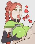  black_gloves braid breasts cape cassie_(paladins) cleavage clothed_paizuri elbow_gloves gloves green_eyes large_breasts long_hair open_mouth paizuri paladins penis red_hair single_braid splashbrush tongue tongue_out very_long_hair 