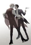  black_cape black_hair black_pants blazer blue_eyes bow bowtie bracelet brown_eyes cape eye_contact ganpiro gloves hair_slicked_back ice_skates jacket jewelry katsuki_yuuri looking_at_another male_focus mask multiple_boys open_mouth pants ring see-through silver_hair skates smile viktor_nikiforov white_gloves white_neckwear yuri!!!_on_ice 