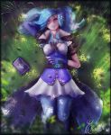  artist_name blue_eyes blue_hair book boots breasts cleavage commentary english_commentary eremas-su evie_(paladins) fingerless_gloves fur_trim gloves grass highres knee_boots lying on_back paladins pantyhose solo tree twintails under_tree waking_up witch 