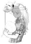  bangs collared_shirt expressionless fan fanning fanning_face fanning_self greyscale hata_no_kokoro highres holding holding_fan long_hair mask mask_on_head monochrome nogood_chair oni_mask plaid plaid_shirt shirt sleeves_rolled_up sweat touhou upper_body white_background 