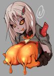  1girl black_sclera breasts earth_elemental elemental_(creature) fire_elemental golem goo_girl grabbing_own_breast grey_hair horns lactation large_breasts lava_golem_(monster_girl_encyclopedia) mamono_girl_lover molten_rock monster_girl monster_girl_encyclopedia nanostar orange_eyes 