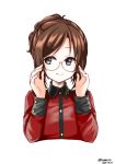  adjusting_eyewear blue_eyes braid brown_hair closed_mouth commentary cropped_torso crown_braid dated epaulettes eyebrows_visible_through_hair girls_und_panzer glasses jacket long_sleeves looking_at_viewer military military_uniform nilgiri red_jacket round_eyewear short_hair simple_background smile solo st._gloriana's_military_uniform twitter_username umxzo uniform upper_body white_background 