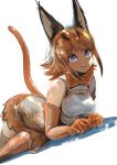  animal_ears blue_eyes bow bowtie brown_gloves brown_hair brown_legwear brown_neckwear brown_skirt caracal_(kemono_friends) caracal_ears caracal_tail commentary elbow_gloves extra_ears eyebrows_visible_through_hair gloves kemono_friends long_hair lying mizumanjiu_(himeno_suika) on_stomach shadow shirt simple_background sketch skirt sleeveless sleeveless_shirt solo spotted_hair tail thighhighs white_background 