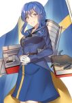  bangs banner black_neckwear blue_eyes blue_hair blue_jacket blue_sailor_collar blush breasts commentary_request cowboy_shot curly_hair dress eyebrows_visible_through_hair gloves gotland_(kantai_collection) hands_together highres jacket kantai_collection long_hair long_sleeves looking_at_viewer machinery medium_breasts military military_uniform mole mole_under_eye neckerchief pallad parted_lips rigging sailor_collar sash sidelocks simple_background smile solo sweden swedish_flag uniform white_background white_gloves 