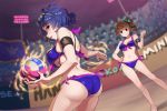  ahoge antenna_hair armband ass audience aura beach_volleyball bikini blue_hair bow breasts brown_eyes brown_hair commentary dark_sky drill_hair eyewear_on_head glasses hair_bow hand_on_hip idolmaster idolmaster_million_live! idolmaster_million_live!_theater_days kamille_(vcx68) large_breasts midriff multiple_girls navel outdoors playing_sports purple_bikini purple_eyes short_hair side_drill side_ponytail sport standing swimsuit toyokawa_fuuka volleyball yokoyama_nao 