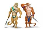  anthro big_muscles clothed clothing cougar digital_media_(artwork) duo feline furrybob holding_object holding_weapon hybrid liger male mammal melee_weapon muscular muscular_male topless weapon 