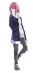  ahoge amano_mizore bangs blue_coat blush closed_mouth coat commentary_request denim eyebrows_visible_through_hair fur-trimmed_coat fur_trim grey_footwear grey_pants hair_between_eyes hair_ribbon hand_in_pocket head_tilt highres jeans long_hair looking_at_viewer looking_to_the_side open_clothes open_coat original pants pink_hair red_eyes red_ribbon ribbon shoes sidelocks simple_background solo standing standing_on_one_leg sweater white_background white_sweater yuki_arare 