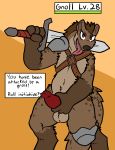  2018 animal_genitalia anthro armor balls english_text erection fur gnoll harness health_bar holding_object hyena looking_at_viewer male mammal melee_weapon penis simple_background solo standing sword text trout_(artist) weapon 