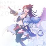  1girl add_(elsword) arm_around_neck blazing_heart_(elsword) breasts cleavage cloak elesis_(elsword) elsword eyebrows_visible_through_hair facial_mark happy_new_year highres jacket long_hair mastermind_(elsword) medium_breasts midriff navel new_year paper ponytail star star-shaped_pupils symbol-shaped_pupils veluga 